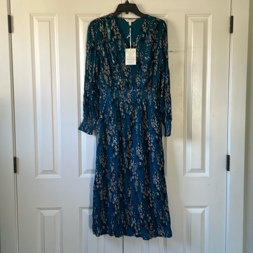 NWT - Garnet Hill Ruffle Crepe Dress XS in teal color with flowers